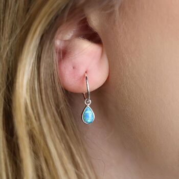 Sterling Silver Teardrop Blue Opal Hoop Earrings, 5 of 10