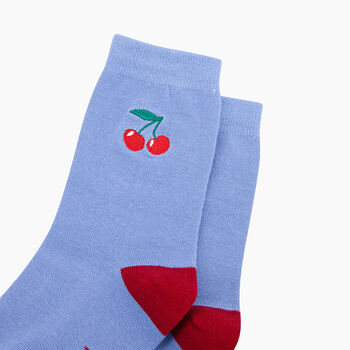 Embroidered Cherries Combed Cotton Socks In Blue, 2 of 4