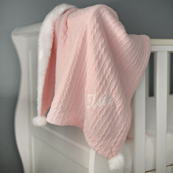 Personalised Bright Pink Cable Knit Pom Pom Blanket, 4 of 6
