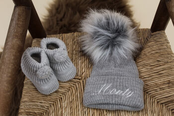 Personalised Red Single Pom Pom Christmas Hat And Booties, 3 of 5