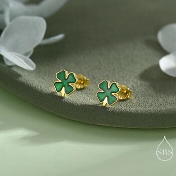 Sterling Silver Four Leaf Clover Enamel Stud Earrings, 5 of 12