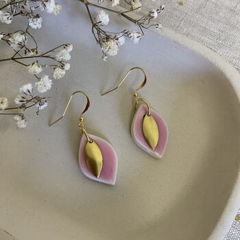 Handmade Baby Pink Ceramic Leaf Earrings Gold Plated, 7 of 8
