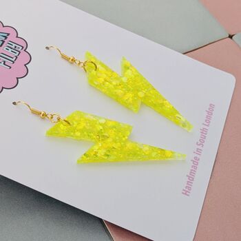 Neon Yellow Glitter Lightning Bolt Earrings Small And Large, 3 of 10