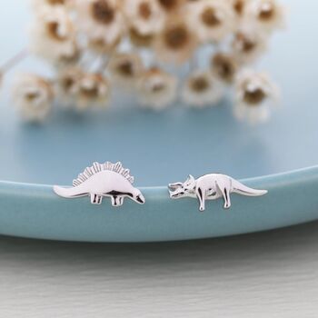 Mismatched Stegosaurus And Triceratops Dinosaur Stud Earrings In Sterling Silver, 7 of 12