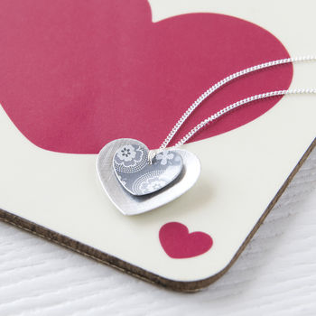 Grey Print Silver Double Heart Pendant, 3 of 4