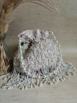Pink Handcrafted Embellished Pearl Potli Wrist Bag, 11 of 12