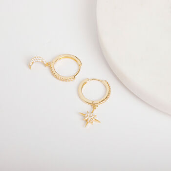 Moon And Star Crystal Drop Hoop Earrings In Gold Colour, 3 of 6