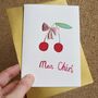 Personalised Cherry Christmas Card With Pink Gold Leaf Bow, thumbnail 3 of 5