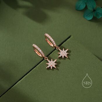 Sterling Silver Cz Starburst Huggie Hoop Earrings, 2 of 12