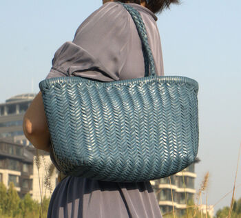 Handmade Woven Leather Tote Shopping Bag, 7 of 12