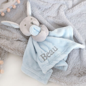 Personalised Blue Bunny Rabbit Baby Comforter, 6 of 12
