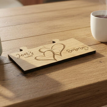 Personalised Couples Coaster Set With Hearts, Engraved Jigsaw Wooden Coaster, 3 of 6