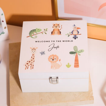 Personalised White Safari Keepsake Memory Box Gift For New Borns Birthday, 3 of 5