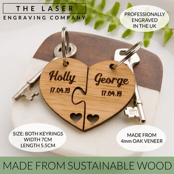 Personalised Jigsaw Heart Oak Keyring Name And Date, 2 of 7