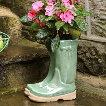 Green Ceramic Wellington Boots Planter By Dibor 