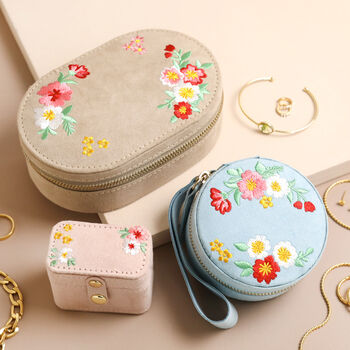 Embroidered Flowers Mini Round Velvet Jewellery Case, 7 of 7