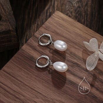 Oval Pearl With Skinny Hammered Hoop Earrings, 6 of 9