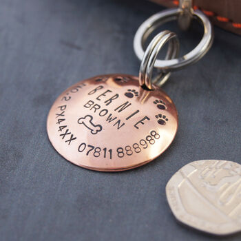 Personalised Copper Pet ID Tag With Bone And Paw Prints, 5 of 7