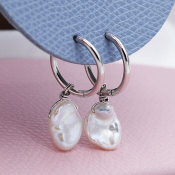 Sterling Silver Irregular Shaped Baroque Pearl Dangle Hoop Earrings, 5 of 12