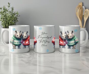 Personalised Rhino Love Couple In Christmas Jumpers Mug C, 2 of 2