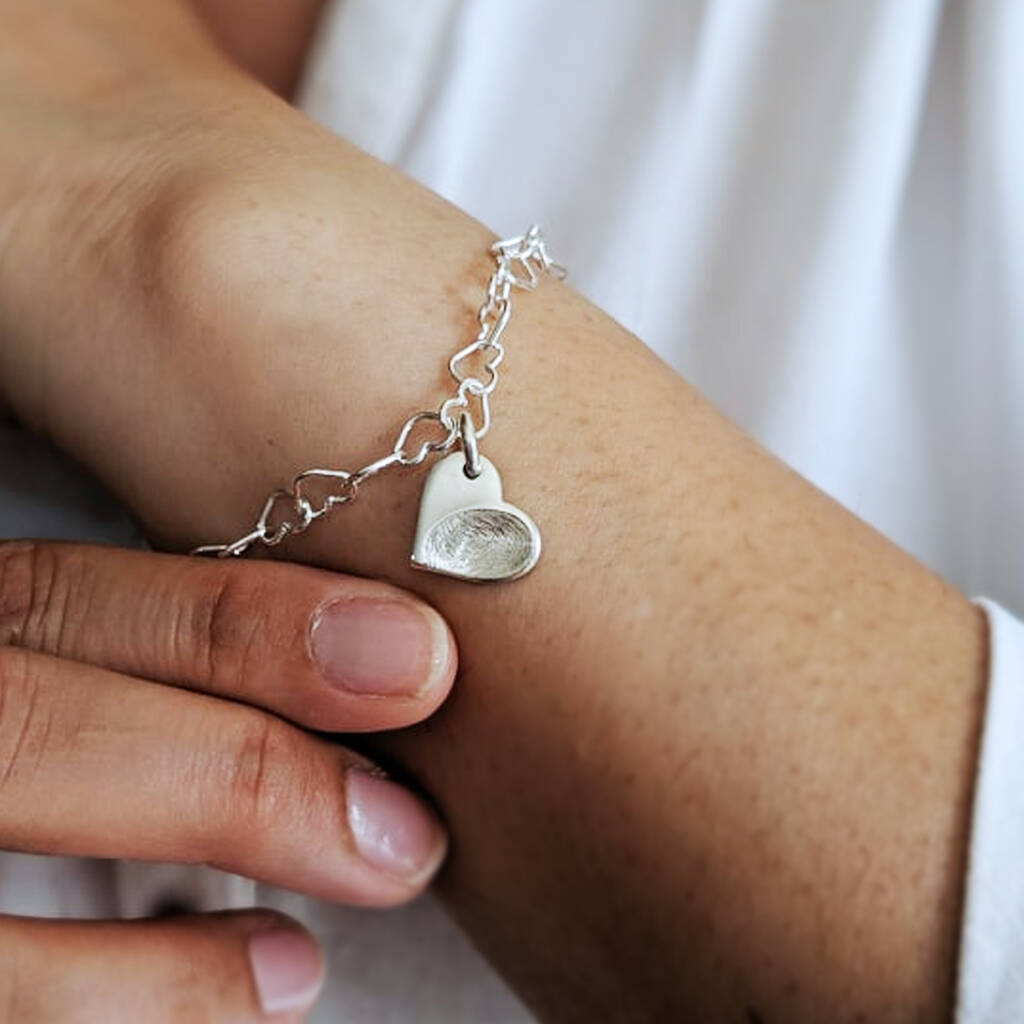 Silver Fingerprint Heart Link Charm Bracelet By Hold upon Heart