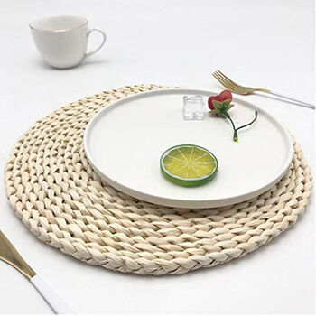 Pack Of Six Woven Corn Skin Round Table Mats, 5 of 6