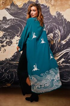 Origami And Hokusai Wave Embroidered Deep Teal Long Kimono, 3 of 12