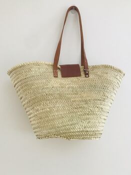 French Market Basket Bag Long Tan Leather Handles, 7 of 7