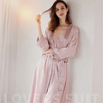 Pink Silk Touch Elegant Pajamas Robe Three Piece Set, 3 of 9