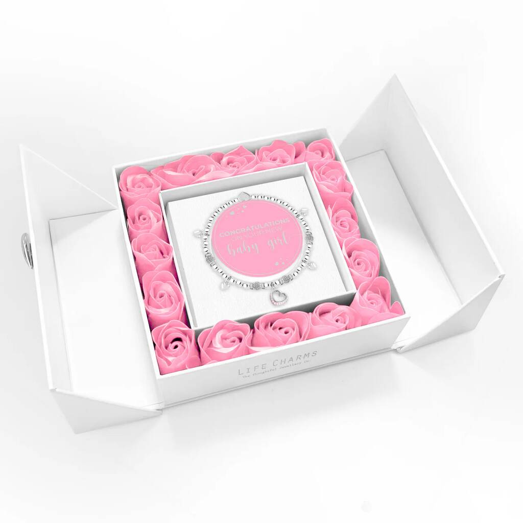 Baby Girl Sparkling Heart Charm Bracelet In Flower Box, 1 of 4