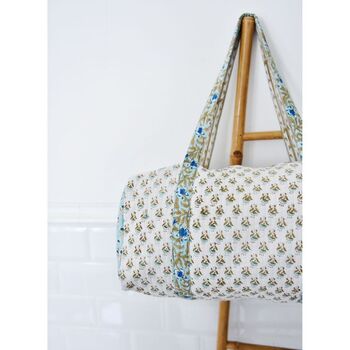 Block Printed Aqua, White And Green Floral Quilted Duffle Bag, 6 of 9