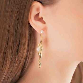 Flow Asymmetric Gold Plated Pearl Long Earrings, 2 of 6
