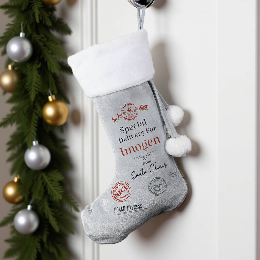 Personalised Special Delivery Silver Grey Stocking, 1 of 4