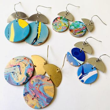 Handmade Leather Small Full Moon Dangly Earrings Marbled, 8 of 8