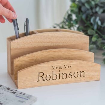 Personalised Wooden Mr And Mrs Letter Desk Organiser, 4 of 4