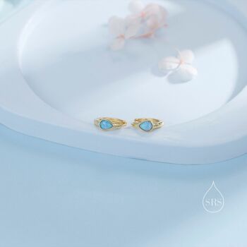 Sterling Silver Delicate Opal Droplet Huggie Hoop Earrings, 4 of 11