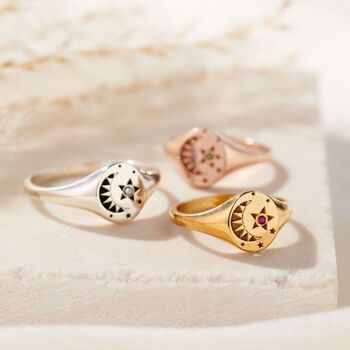 Moon And Star Birthstone Signet Ring, 4 of 8