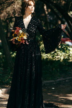 Black Lace Wedding Dress With Bell Sleeves And Train, 5 of 12