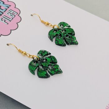 Green Glitter Monstera Leaf Resin Earrings, 6 of 8