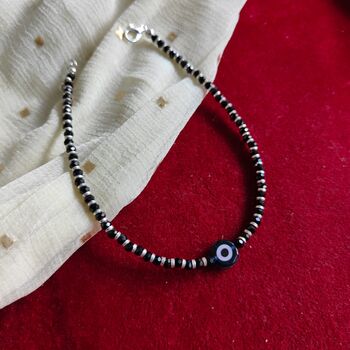 925 Silver Black Beaded Evil Eye Nazar Payal Anklet, 5 of 9