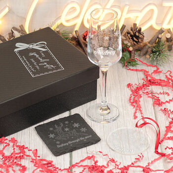 Christmas Reindeer Champagne Flute With Coaster And Decoration Gift Set, 3 of 8
