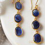 Blue Sapphire Cabuchon Triple Stone Drop Gold Silver Earrings, thumbnail 7 of 9