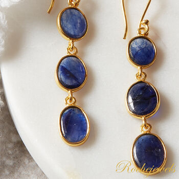 Blue Sapphire Cabuchon Triple Stone Drop Gold Silver Earrings, 7 of 9