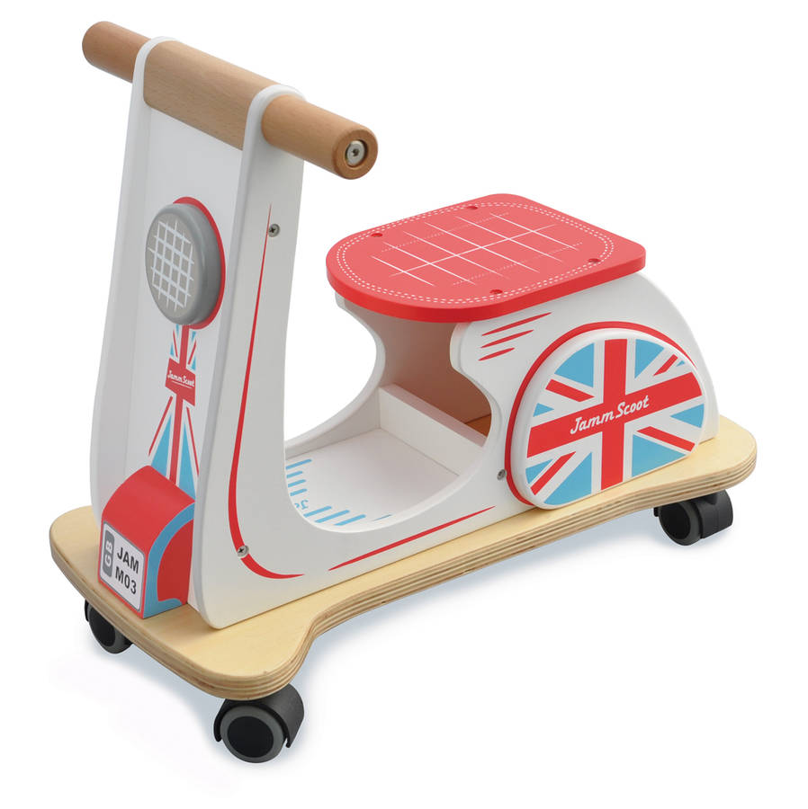 retro ride on scooter with union jack livery by jammtoys wooden toys