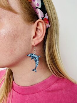 Dolphin Glitter Resin Earrings / Ocean Theme Statement Dangles / Gift For Beach Lovers, 5 of 5