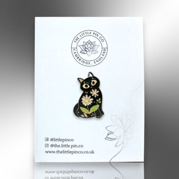 Black Cat Enamel Pin Brooch With Flower Design, 5 of 8