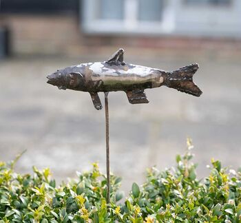 Fish On Rod Handmade Recycled Metal Garden Ornament, 3 of 3