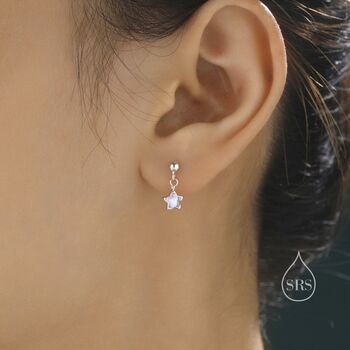 Asymmetric Tiny Moonstone Star Dangle Stud Earrings, 7 of 12