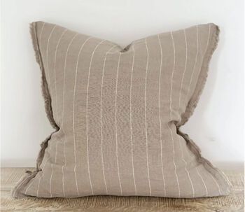 Mushroom And Cream Stripe Linen Cushion With Frayed Edges, 4 of 4