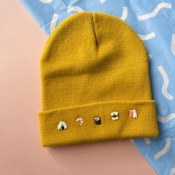 Unisex Hand Embroidered Mustard Beanie With Sushi, 4 of 6